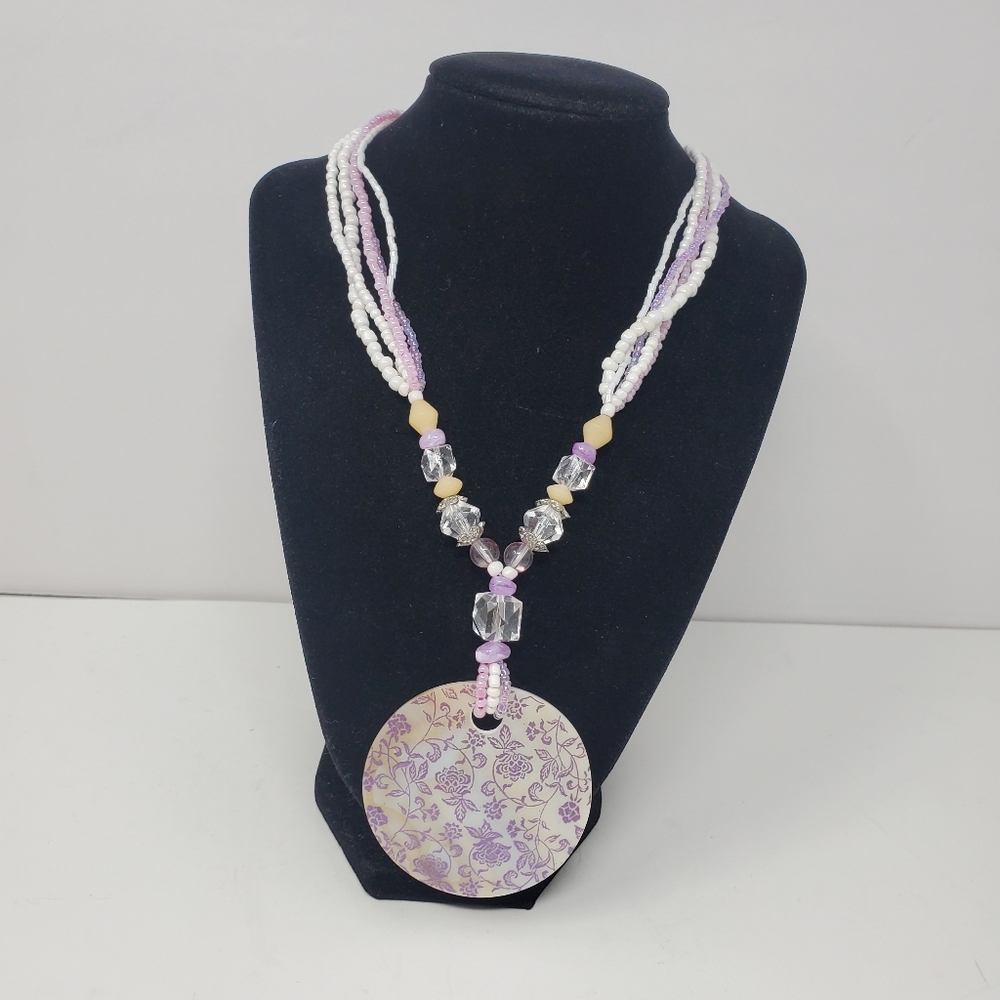 Vintage 90s purple beaded necklace with mother of pearl painted pendent
